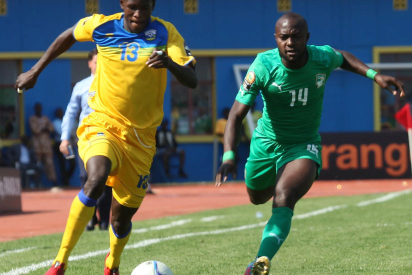 Full-back Ombalenga, seen here against Cote d'Ivoire during CHAN 2016, plays alongside his brother Sibomana for Amavubi. (Timothy Kisambira)