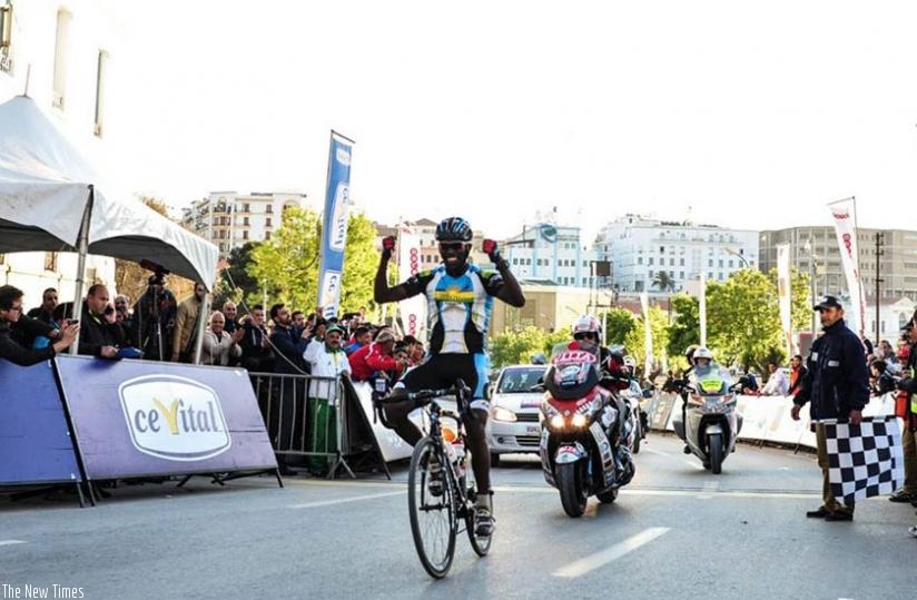 Joseph Areruya celebrates after crossing the finishline on Saturday. (Net photo)