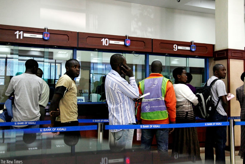 Clients of Bank of Kigali queue to get served. (File)