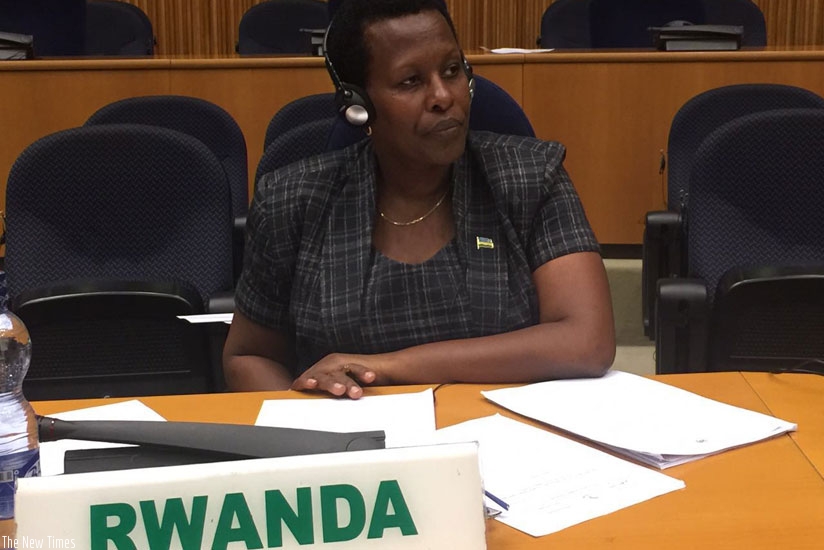 Amb. Tumukunde at the AU Peace and Security session yesterday. (Courtesy)