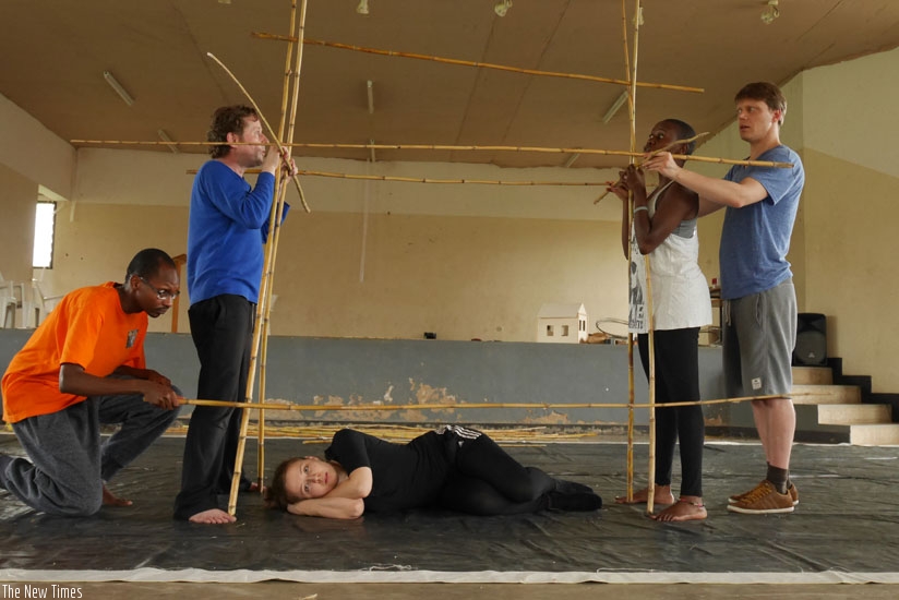The German-Rwandan cast of the play, My House, during rehearsals in Kigali. (Moses Opobo)