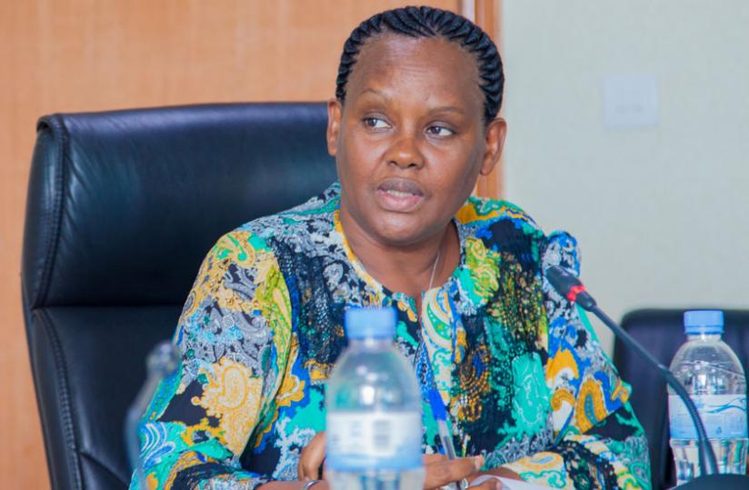 The executive secretary of the Public Service Commission, Angelina Muganza, addresses a news conference about the new recruitment system yesterday. (Faustin Niyigena)