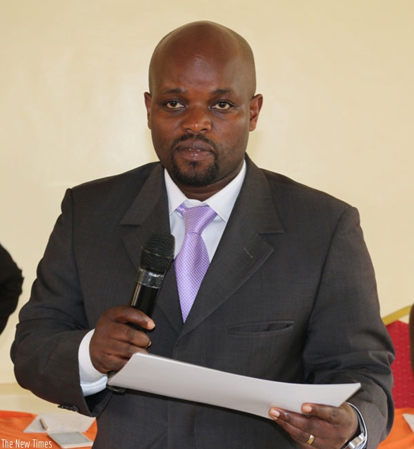 Minister Nsengimana speaks during the handover ceremony on Monday. (Frederic Byumvuhore)