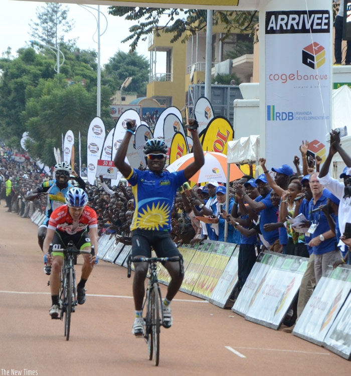 Bintunimana punches the air as he crosses the finish line to win stage two of the 2015 Tour du Rwanda. (File)