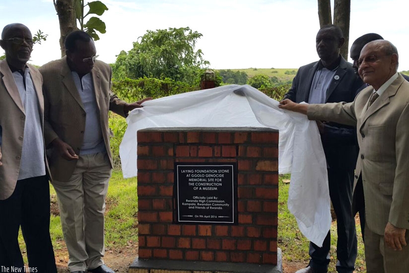 Ugandan Businessman Mhamood Noordin Thobani (R) , MP Mawokota Kiyingi Bbosa (M) and Amb. Frank Mugambage unveil a foundation stone of the Genocide Museum at Ggolo memorial site in ....