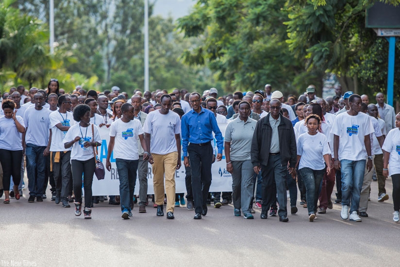 President Kagame, Minister for Sports and Culture Julienne Uwacu, CNLG Executive Secretary Jean-Damascene Bizimana with Rwandans and friends of Rwanda during Walk to Remember yeste....