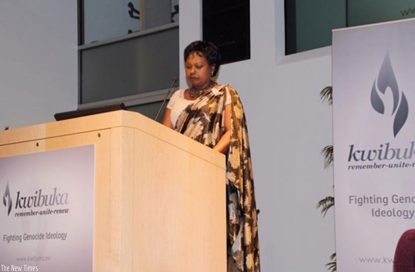 Rwandan Ambassador to the US Mathilde Mukantabana addresses Rwandans during Commemoration on Friday. (Courtesy)