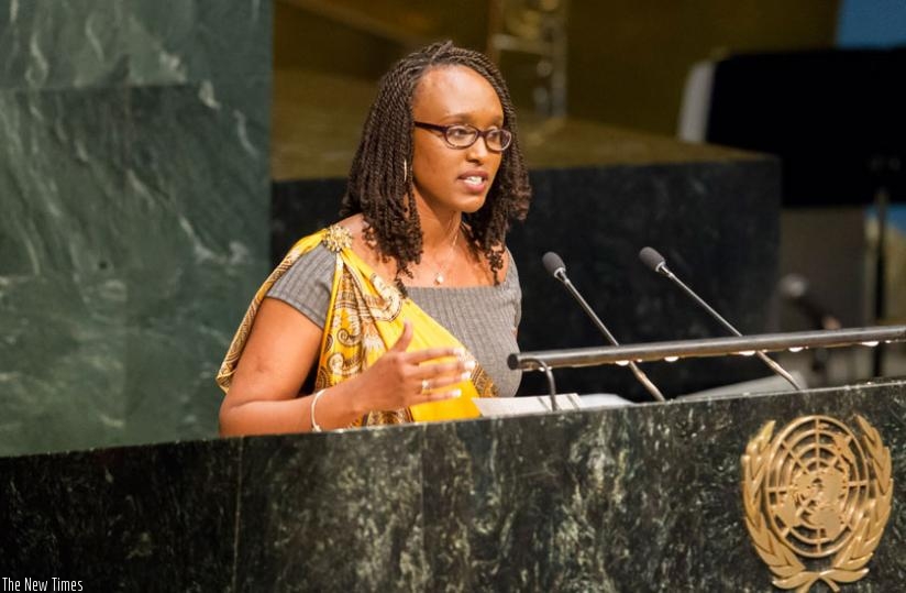 Umuhoza gives her testimony at the UN headquarters in New York on Monday. (Courtesy)