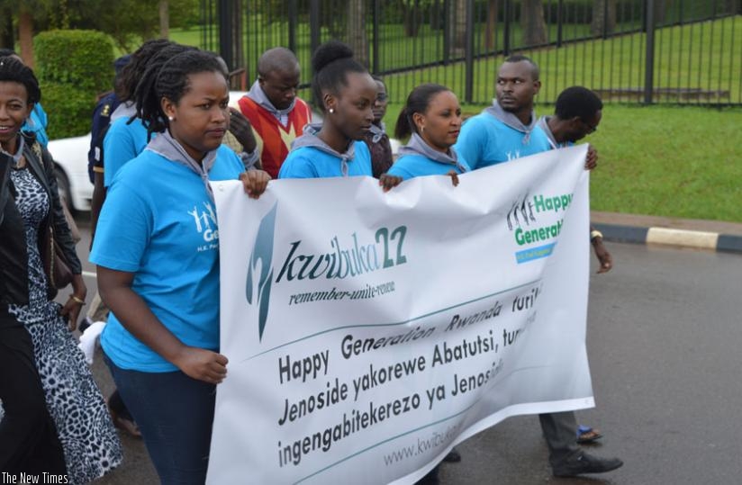 Members of Happy Generation Rwanda youth during the walk to remember from Kacyiru to Gisozi Genocide Memorial Centre. (John Mbaraga)