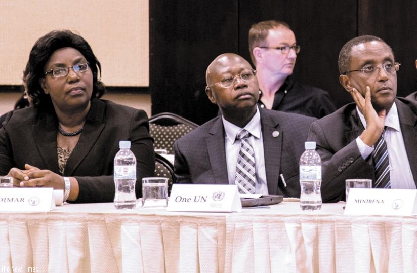 L-R; Disaster Management and Refugees Affairs minister Seraphine Mukantabana, Manneh and Biruta. (Doreen Umutesi)
