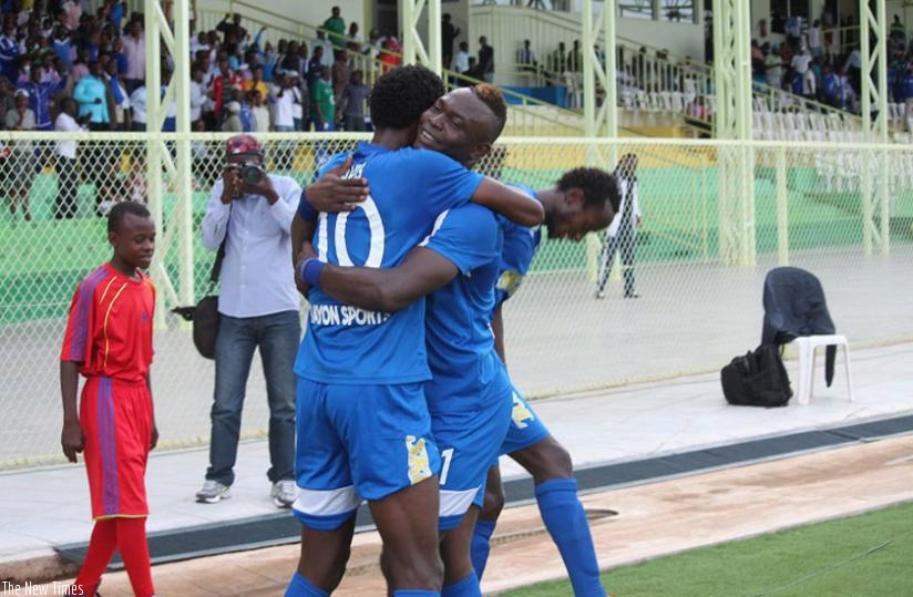 Rayon Sports strikers Davis Kasirye and Ismalia Diarra celebrate after thrashing Marines 3-0 on Sunday. (Peter Kamasa)