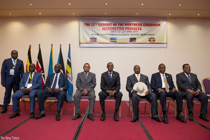 Presidents Paul Kagame, Yoweri Museveni, Uhuru Kenyatta with representatives of South Sudan, DRC, Burundi and Tanzania after the 13th summit of the Northern Corridor Integration pr....