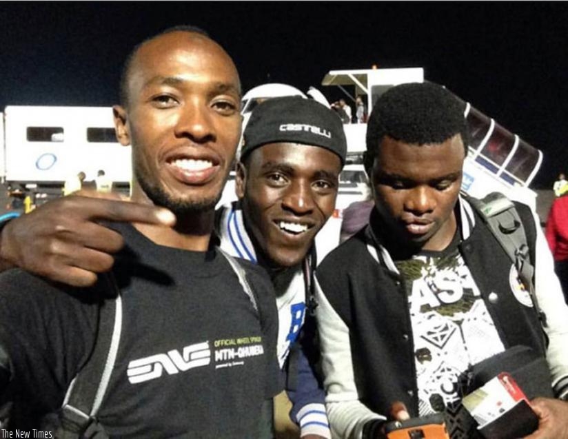 L-R; Adrien Niyonshuti, Ndayisenga and  Uwizeyimana are teammates at Team Dimension Data. (Courtesy)