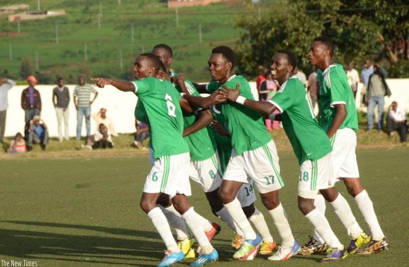 Kiyovu SC players celebrate a goal against Espoir FC at Mumena two weeks ago. (Samuel Ngendahimana)