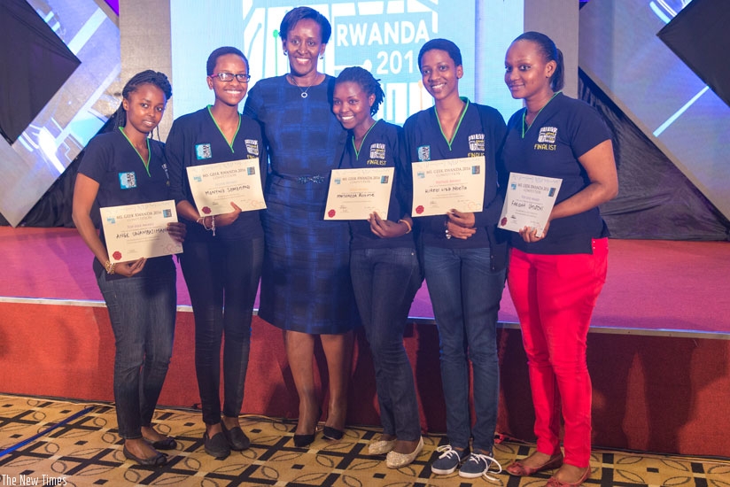 First Lady Jeannette Kagame poses with the Ms Geek finalists yesterday. Rosine Mwiseneza (3rd from right) won this year's Ms Geek edition. (Courtesy)