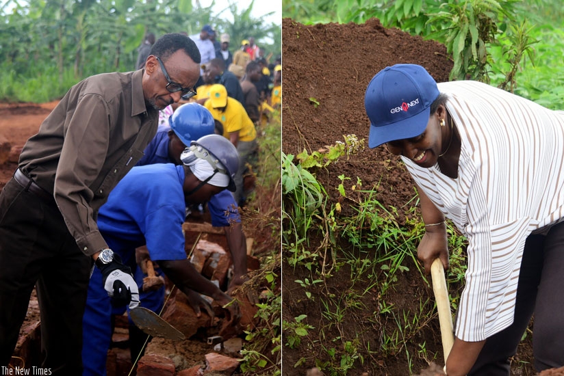 President Kagame and First Lady Jeannette Kagame join residents of Kayonza District for Umuganda yesterday. The Head of State urged residents of Kayonza to capitalize on the strate....