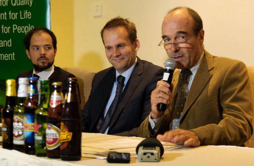 Jonathan Hall, Managing Director, BRALIRWA Ltd delivers a speech on Thursday in Kigali. (Teddy Kamanzi)