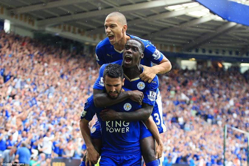 Leicester City players celebrate a goal at a past league gamer. Leicester Win thier First Premier League Title. (Net photo)