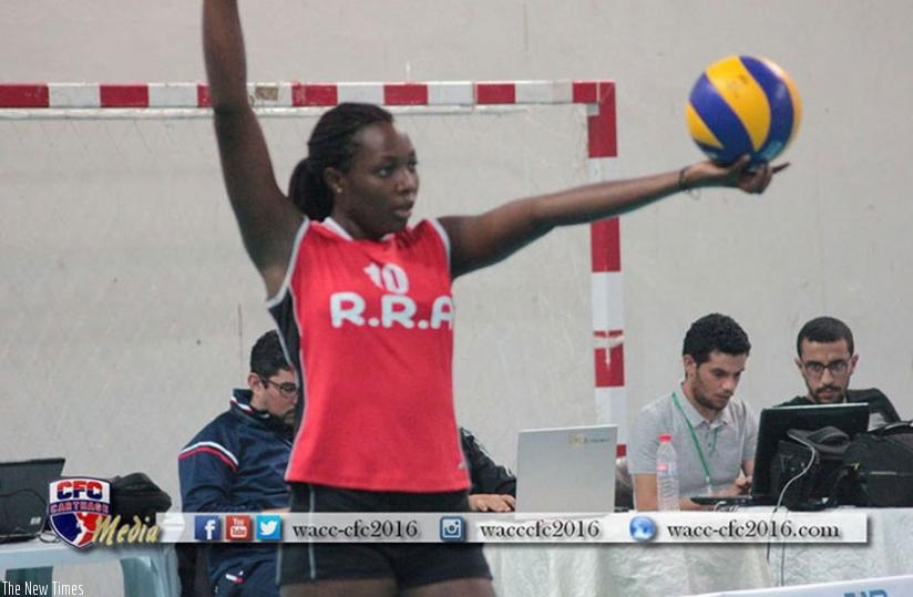 Seraphine Mukantambara prepares to  serve against Egyptian side Shams in the quarter-finals. (Courtesy)