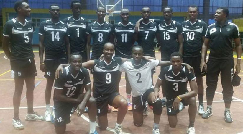 APR Volleyball Club players pose for a photo prior to their match against Umubano Blue Tigers. (Courtesy)