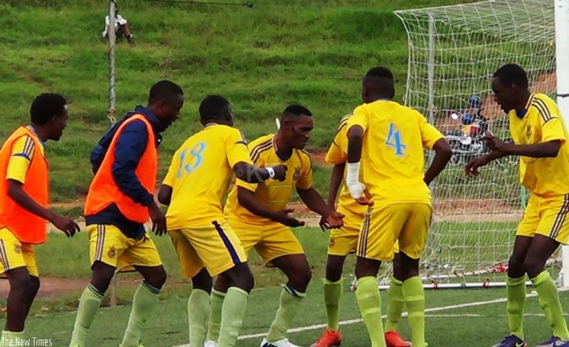 Bokoto (centre with face to camera) leads his teammates in celebrations after their second goal in AS Muhanga's 3-1 win over Etincelles on Tuesday. (Courtesy)