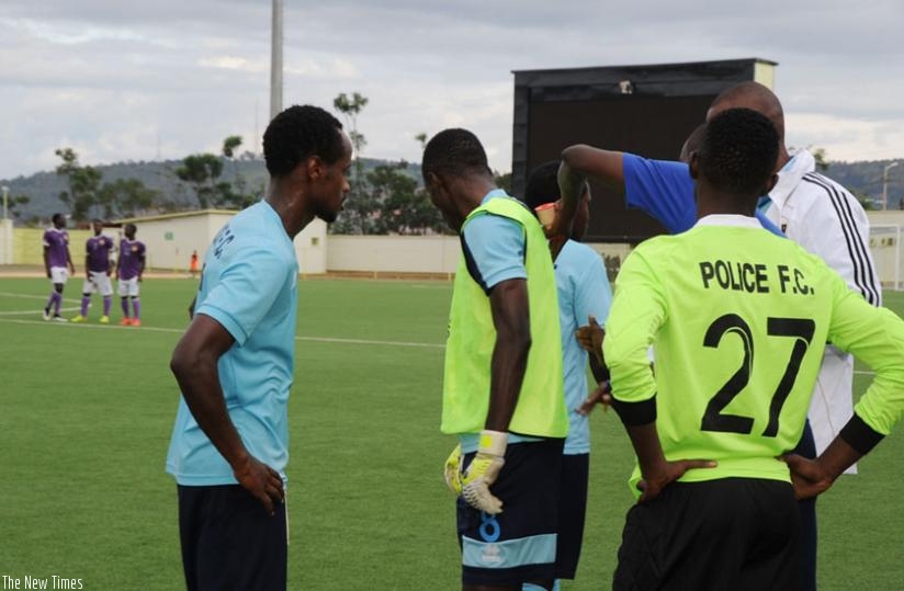 Center-back Mugabo (C) being prepared to go in goal after keeper Nzarora had been sent off while Police FC had made all their three changes against Sunrise FC on wednesday. (Courtesy)