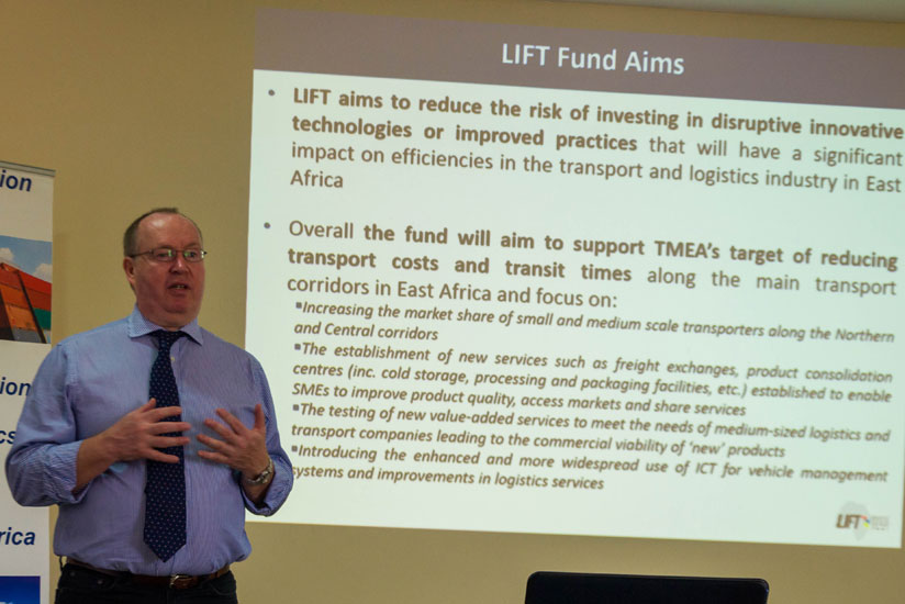 David Mitchell explains LIFT Challenge Fund aims at the launch of round two in Kigali on Thursday. (Teddy Kamanzi)