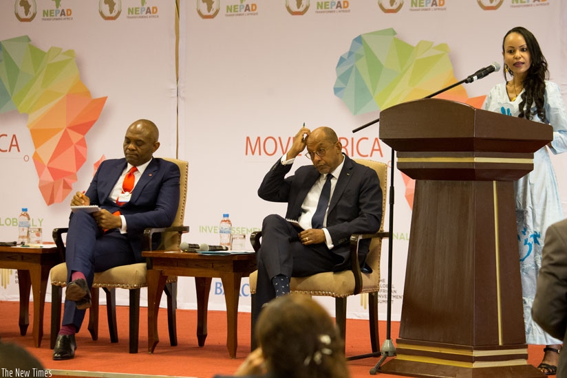 Fatima Haram Acyl, African Union Commissioner for Trade and Industry, speaks at the 'Move Africa' launch in Kigali yesterday. Left is Tony O.lumelu, Chairman Heirs Holding Nigeria ....