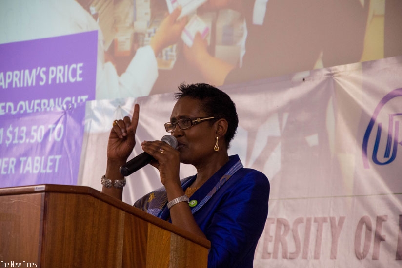 Byanyima speaks during the public lecture at the College of Business and Economics in Kigali on Tuesday. (Teddy Kamanzi)