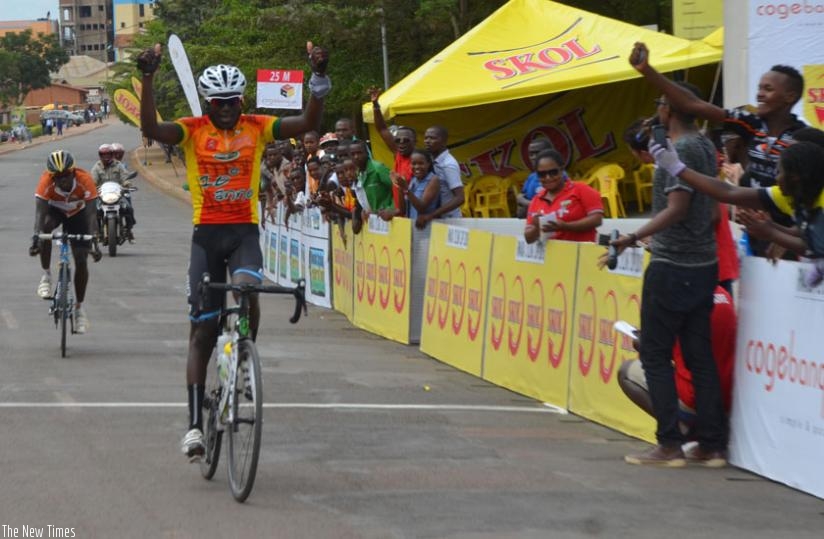 Byukusenge Patrick celebrates after crossing the finish line yesterday. (S. Ngendahimana)