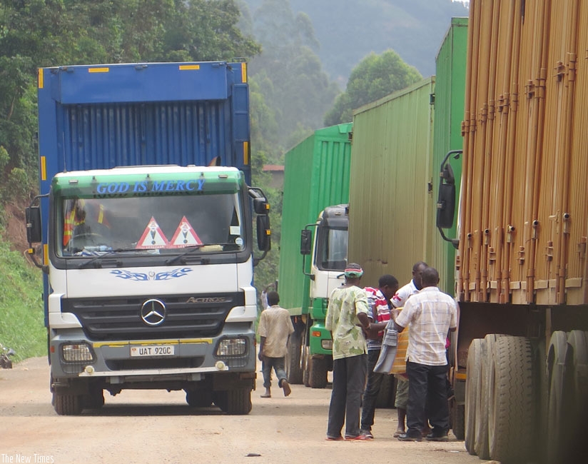 Cargo trucks enter Rwanda at Gatuna border. EAC is said to have the highest transport costs globally. (File.Uwanziga)