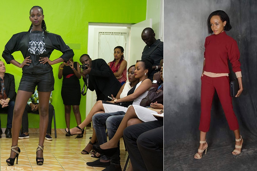RIGHT: Josette Umurerwa (in maroon) displays one of her designs. LEFT: A model hits the runway donning the outfit designed by Umurerwa. (Timothy Kisambira)