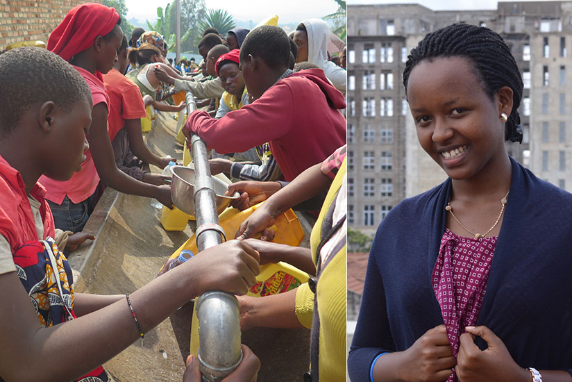 Clean and safe water is a basic need, Ishimwe (R) plans to supply more households with her treated water. (Solomon Asaba)