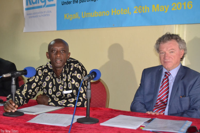 Minister kaboneka speaks during the launch of the project as Michael Ryan, the head of European Union Delegation to Rwanda looks on in Kigali, yesterday. (Jean d'Amour Mbonyinshuti)