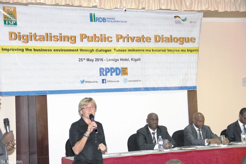 Ellen Kallinowsky, Principal Technical Advisor for the promotion of Economy and Employment Mr. Gerard Nkusi Mukubu, the Chief Advocacy Officer at the Private Sector Federation. (Courtesy)