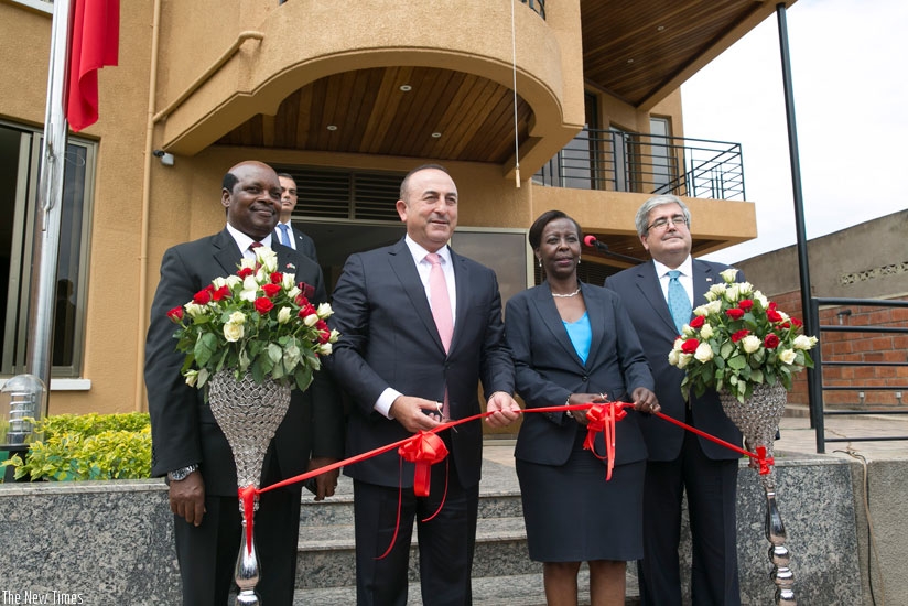 Mushikiwabo and Cavuu015foglu (2nd L) officially open the Embassy of Turkey to Rwanda in Kimihurura. (Courtesy)