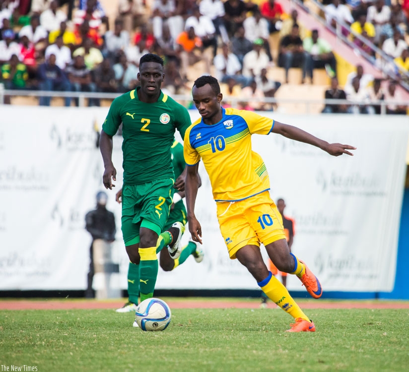 Danny Usengimana (#10), seen here during last Saturday's friendly game against Senegal at Kigali Regional Stadium, is in line to replace injured forward Ernest Sugira in the Amavubi starting lineup for the upcoming AFCON 2017 qualifier against Mozambique. (Timothy Kisambira)