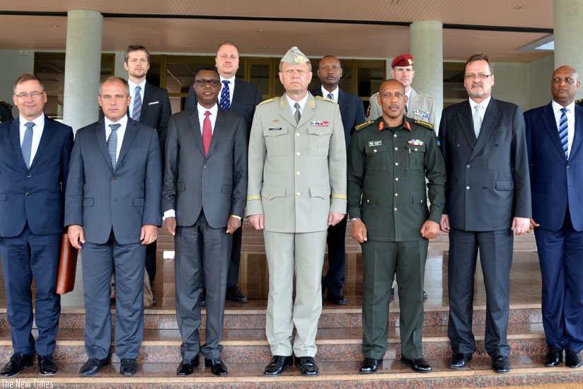 Minister Kabarebe (3rd from left, front row), Czech Republic's Gen Becvar (4th left), Gen Nyamvumba (4th right) and other officials after the meeting at the Ministry of Defence headquarters in Kigali yesterday. (James Karuhanga)