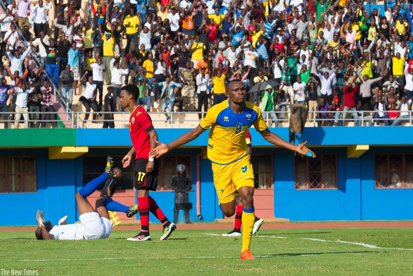 Amavubi forward Jacques Tuyisenge wheels away after scoring yesterday. Despite scoring a brace, Amavubi were defeated 3-2 by Mozambique, something that hampers their chances of qualifying for the 2017 Afcon. (Timothy Kisambira)