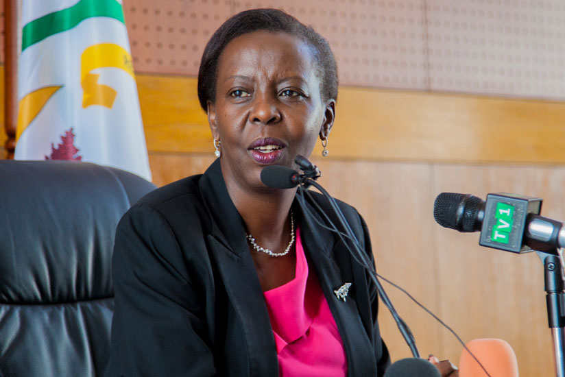 Foreign Affairs minister Louise Mushikiwabo addresses local and international media at her office in Kigali yesterday. (Faustin Niyigena)
