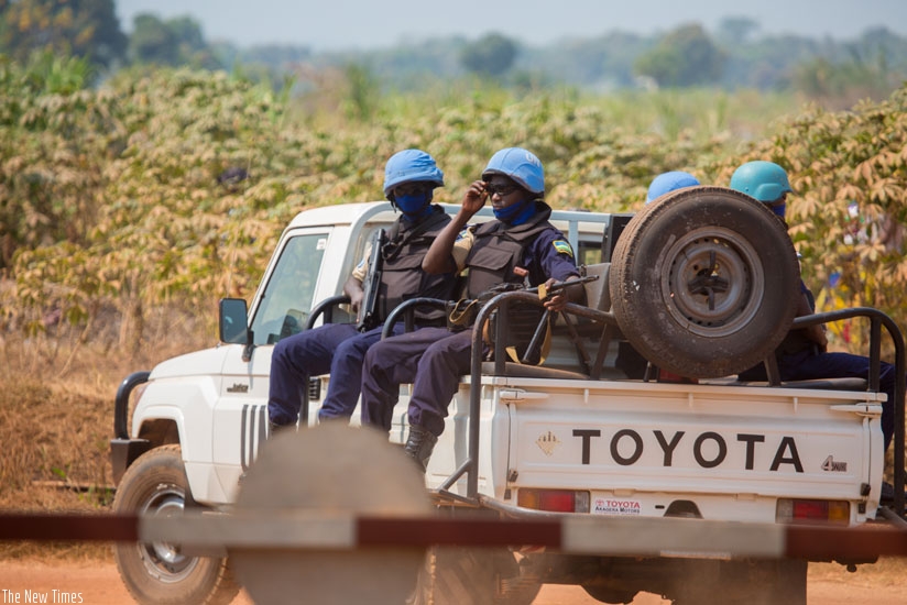 Rwanda National Police officers on patrol on a UN peacekeeping mission in Central African Republic. (Timothy Kisambira)