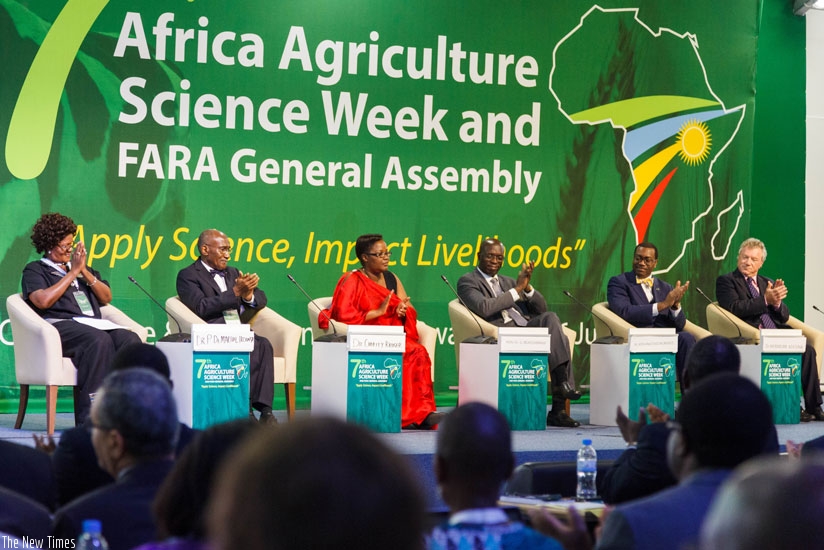 (L-R) Dr Charity Kruger, FARA chairperson; Dr Martial De Paul Ikounga, the commissioner for human resources, sciences and technologies at the African Union Commission; Dr Geraldine Mukeshimana, the minister for agriculture and animal resources; Prime Minister Anastase Murekezi; Dr Akinwumi Adesina, the AfDB president; and Michael Ryan, the head of EU Delegation to Rwanda at the opening of the conference in Kigali, yesterday. (Teddy Kamanzi.)