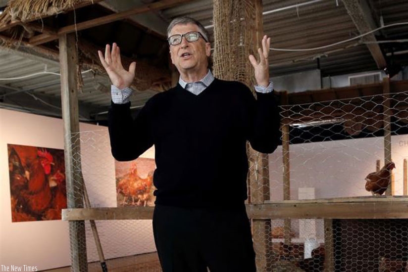 The answer is chickens: Gates speaking to the media, in front of a chicken coop set up on the 68th floor of the 4 World Trade Center tower, in Manhattan, New York. (Net photo)