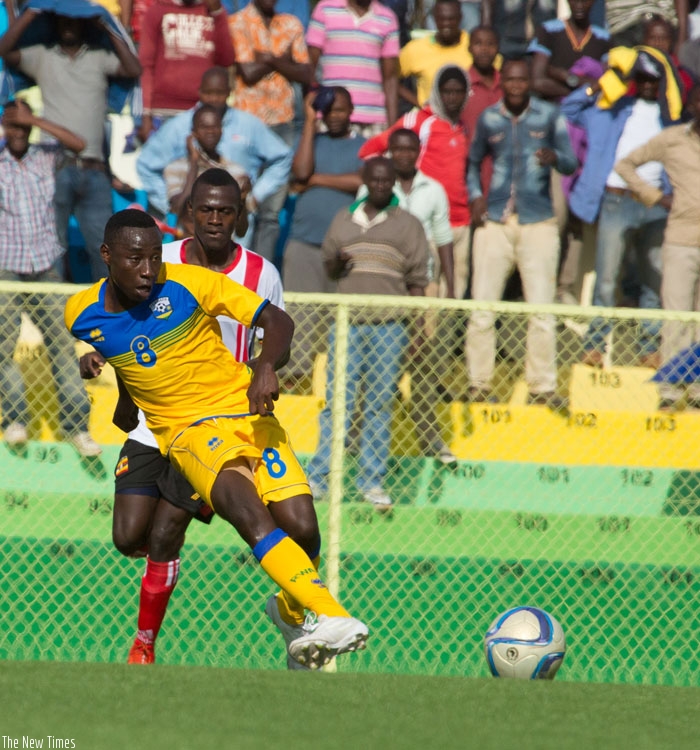 Former Amavubi U-17 and U-20, and Marine forward Blaise Itangishaka, seen here in action against Uganda U-20, is a product of Aspire Academy. (File)