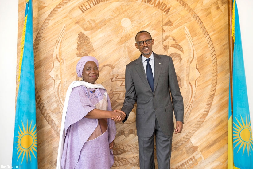 President Kagame meets with Dr Nkosazana Dlamini-Zuma, the chairperson of African Union Commission, at Village Urugwiro in Kigali yesterday. (Village Urugwiro)