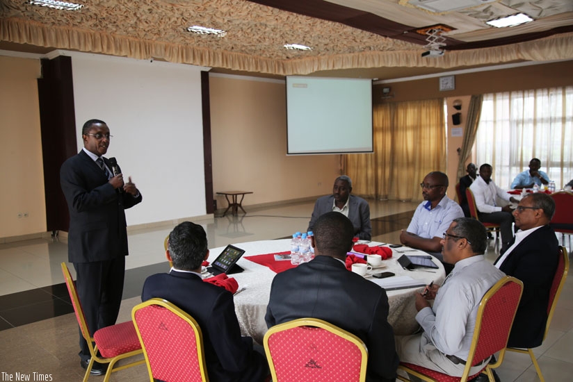 Minister Biruta speaks to members of the private sector during the meeting in Kigali, on Tuesday. (A. Tashobya)