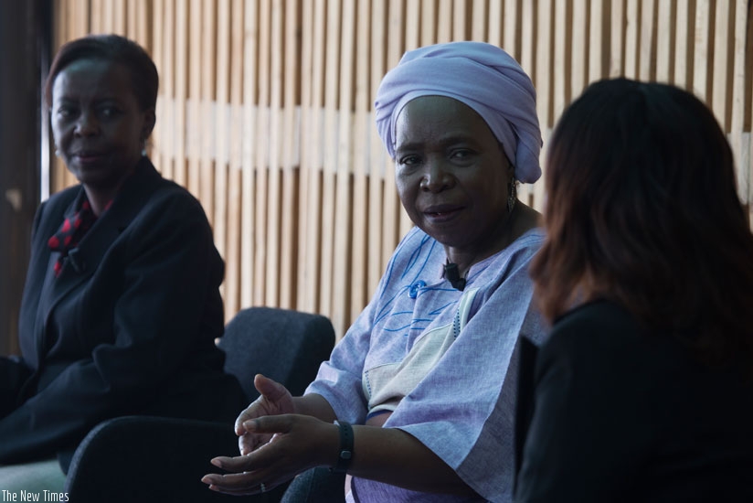 Dr Dlamini-Zuma speaks at the Q&A session with the youth in Kigali, yesterday, as Mushikiwabo looks on. (Timothy Kisambira)