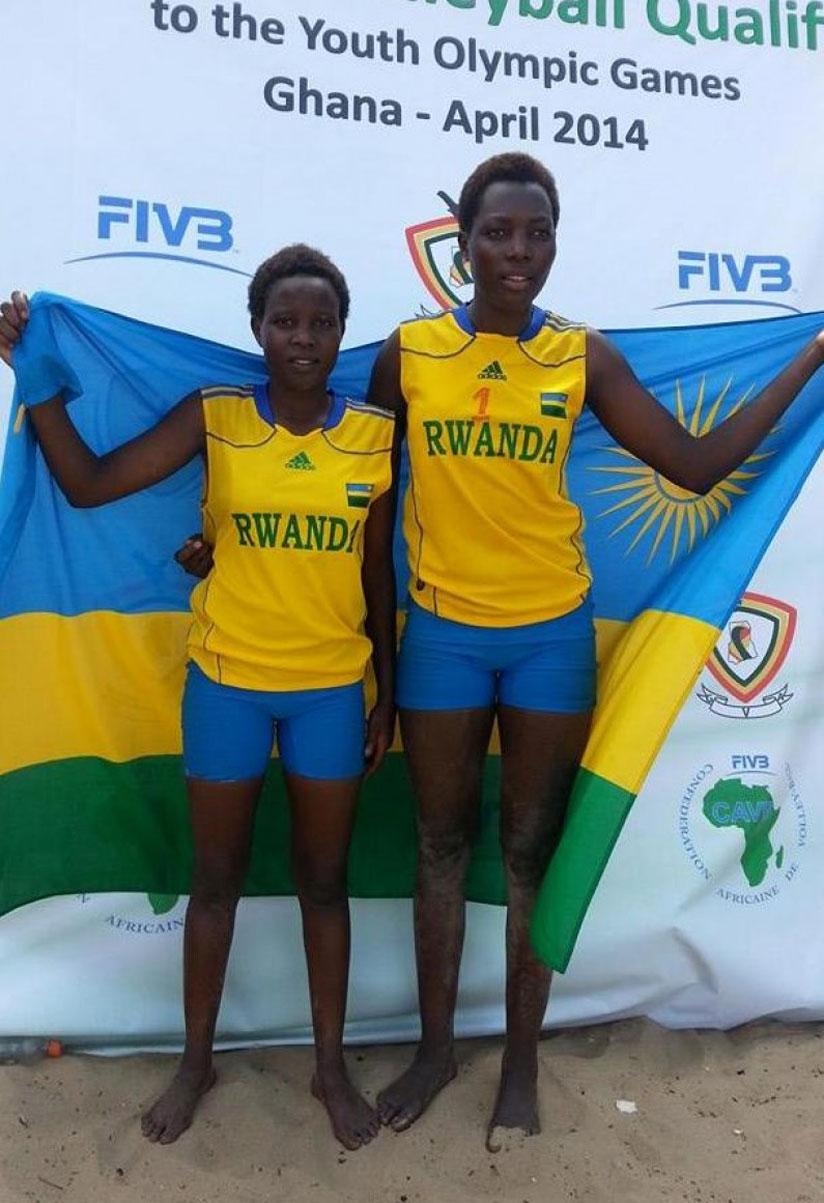 Seraphine Mukantambara (R) and Leah Uwimbabazi after winning the 2014 Youth Olympic Games in Ghana. (Courtesy)