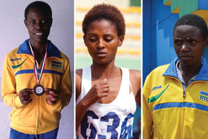 Mukandanga (R) will compete in the women 10,000m along with Nyirarukundo (C) while Nishimwe will run in the 1500m at the forthcoming Africa Senior Athletics Championships in Durban, South Africa. (Courtesy)