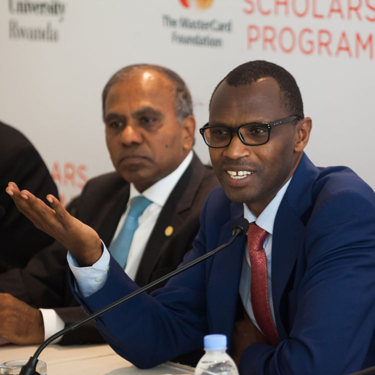 Minister for   Education Dr Papias Musafiri speaks as Carnegie Mellon President Subra Suresh looks on during a meeting in Kigali. (T.kisambira)